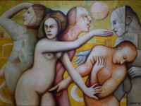 Andrés Monreal, Los difíciles amores, óleo sobre tela, 73 x 116 cm., 1987. Actualmente en exhibición.